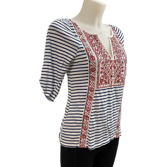 Anthropologie Tiny Leila Embroidered Tee Shirt Striped Puff sleeve blouse sz XS - Picture 2 of 7